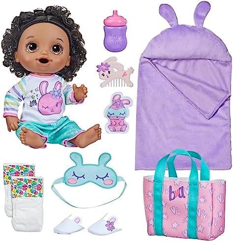 Baby Alive Bunny Sleepover Baby Doll, Bedtime-Themed 12-Inch Dolls, Sleeping Bag & Bunny-Themed Doll Accessories, Toys for 3 Year Old Girls and Boys and Up, Black Hair (Amazon Exclusive)