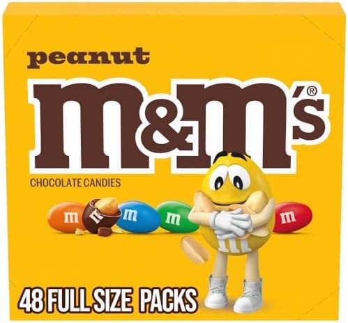 M&M'S Peanut Chocolate Candy, Full Size Candy 1.74 oz Bag, Bulk Pack of 48