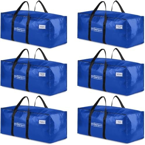 ClearSpace Heavy Duty Moving Bags or Storage Bins with Lids, Blue, 6 Pack