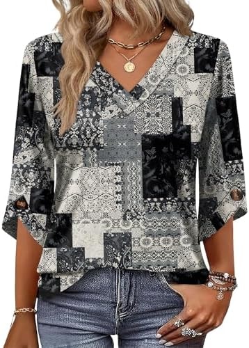 OFEEFAN Boho Tops for Women Cute Summer Tops 3/4 Length Sleeve Womens Blouses Graphic T Shirts Cowgirl Outfits Tunics Or Tops to Wear with Leggings Black XL