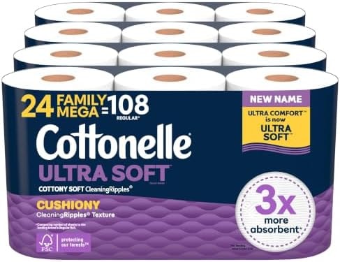 Cottonelle Ultra Soft Toilet Paper, 24 Family Mega Rolls=108 Regular Rolls