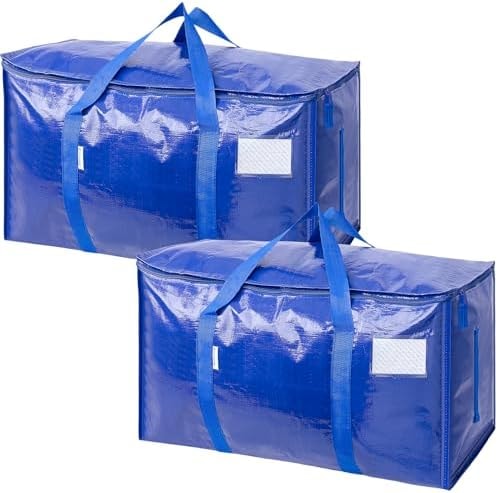 TICONN 2 Pack Extra Large Moving Bags Heavy Duty with Zippers & Carrying Handles, Durable Storage Bags Moving Boxes for Closet Organizers and Storage (2 Pack, Blue)