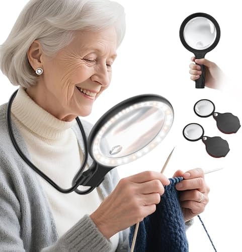 Neck Wear Magnifying Glass with Light for Close Work, 5.5 Inch 5X Handheld Lighted Magnifier for Reading Books, Included 2PCS Upgrade 10X Small Magnify Glasses with Protective Sheath
