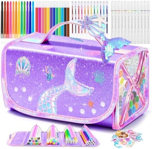 Mermaid Arts and Crafts for Girls Ages 4–5–6–7–8, 70 PCS Art Supplies Set for Kids with Washable Markers, Bonus Mermaid Hairpin, 3D Glitter Case, Scented Gel Pens & Twist-Up Crayons, Birthday Gift