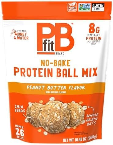PBfit No Bake Peanut Butter Protein Ball Mix, 8g Protein, Made with Chia Seeds & Whole Grain Oats, Gluten Free, Vegan Snacks, 10.58 Oz Bag