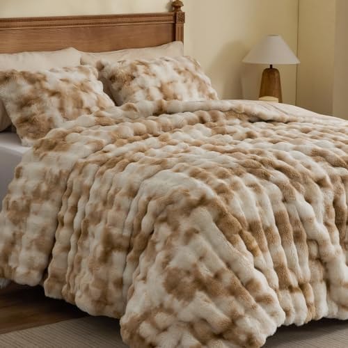 BEDELITE Tie Dye Faux Fur Comforter Set Queen,Thick Winter Comforter,Beige