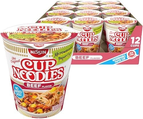 Nissin Cup Noodles Soup, Beef Flavor, Microwaveable Paper Cups, Instant Ramen, 2.25 Ounce (Pack of 12)