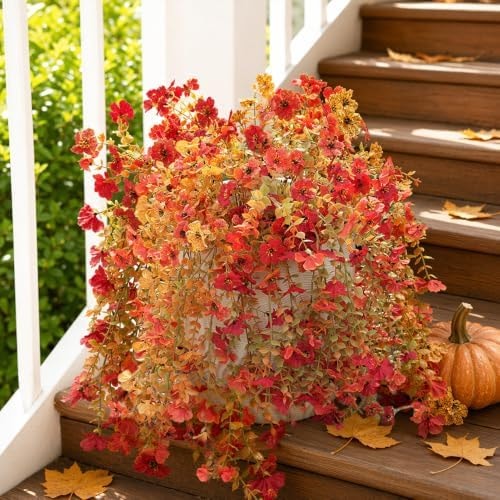 Fanfantoey Artificial Flowers for Outdoors Fake Hanging Decoration, Realistic Plants, UV & Fading Resistant Silk Flower for Spring Porch Patio Balcony Planter Yard (2, Fall Orange Red Yellow)