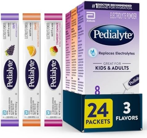 Pedialyte Electrolyte Powder | Hydration Drink for Kids & Adults | Variety Pack: Grape, Strawberry Lemonade, and Orange, 24 Powder Packets