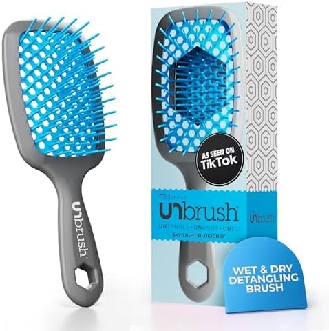 FHI Heat UNbrush Detangling Brush for Pain-Free Brushing on All Wet or Dry Hair Types — Durable DuoFlex Anti-Static Bristles, Lightweight Handle, Vented Hair Brush, Light Blue/Grey
