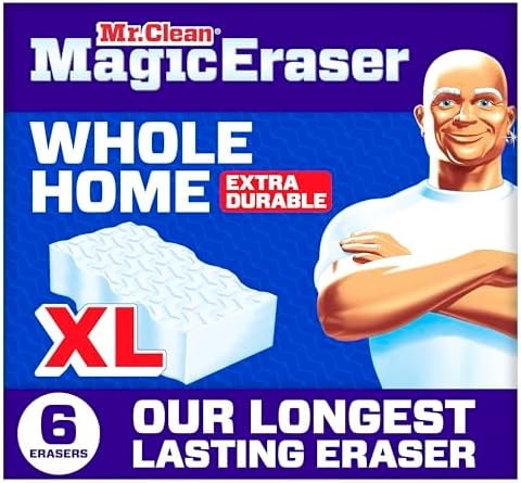 Mr. Clean Magic Eraser Sponge, All Purpose Cleaner, Long Lasting Cleaning Scrubber, Wall, Sneaker, Oven, Kitchen, Bathroom Cleaner, Shower Cleaning Supplies, Whole Home Extra Durable XL, 6ct