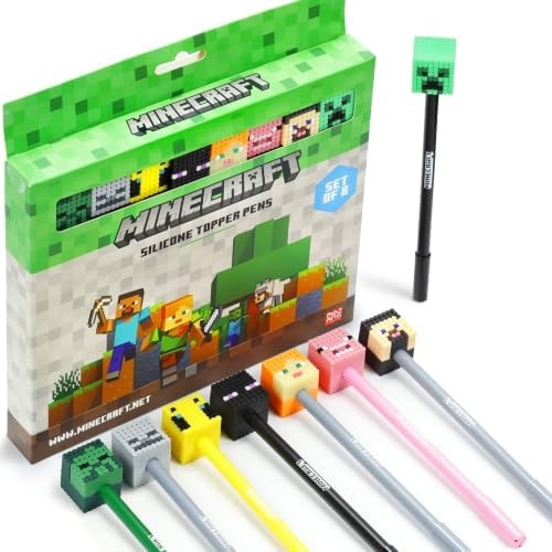 Puckator Minecraft Fine Tip Pen with Silicone Topper 8 Piece Set - Pen Stationary Set - Cool Fancy Pack of Pens Black For Office Writing College - Uni Essentials - Back to School Supplies - Non Smudge