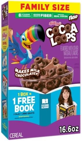 Kellogg's Cocoa Loops Breakfast Cereal, Good Source of Fiber, Made with Cocoa, Family Size, 16.6oz Box (1 Box)