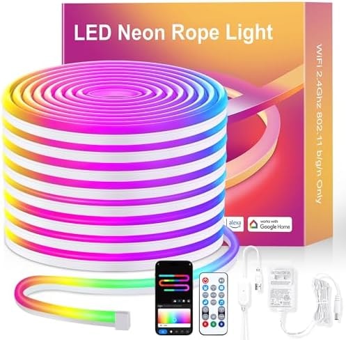 Neon Rope Lights, 16.4ft Smart RGB+IC LED Strip Lights with App & Remote Control, IP67 Waterproof Flexible Neon String Lights for Bedroom, Music Sync, DIY Multiple Modes for Wall Gaming Christmas Home