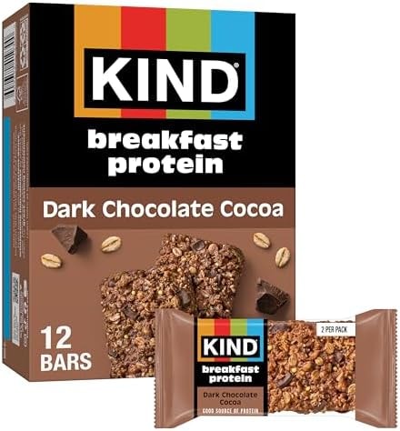 KIND Breakfast Protein Bars, Dark Chocolate Cocoa, Gluten Free, Low Sodium, Healthy Snacks, 8g Protein, 6 Count (6 Packs of 2 Bars)