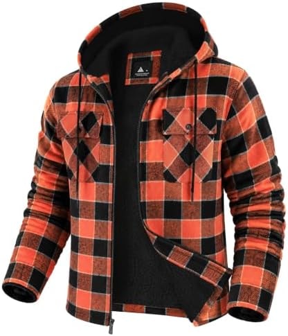 GEEK LIGHTING Men's Flannel Shirts Jacket Sherpa Lined Plaid Zipper Hoodie