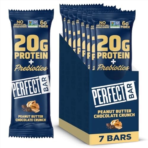 Perfect Bar Protein + Prebiotics Chocolate Peanut Butter Protein Bar, 20g Protein, Grass-Fed Whey, 6g Fiber With 3g Prebiotics, Gluten-Free, Non-GMO, 2.4 Ounce Bar, 7 Count