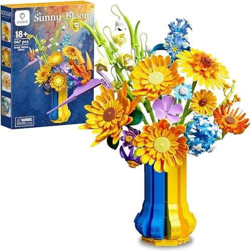 SOOLIO Sunflower Bouquet Building Set with Vase, Gift for Mom Wife Women Girlfriends Adults Couple Teens, Artificial Botanical The Starry Night Flower for Home Office Décor (1147 PCS)