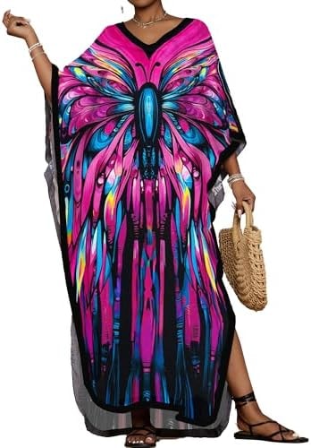 Bsubseach Women Floral Print Caftans Plus Size Long Beach Coverup Dress