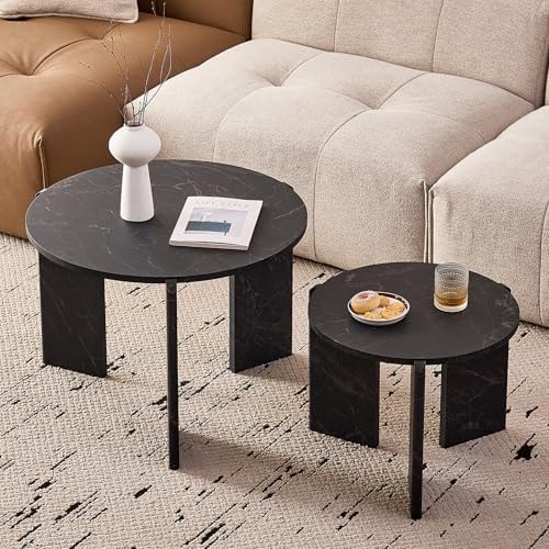 Lecafur HL Round Nesting Coffee Tables Set of 2 for Living Room [Interchangeable Height] φ27.6 + φ19.7 Mid Century Modern Circle Side Tables for Bedroom Office Studio Apartment
