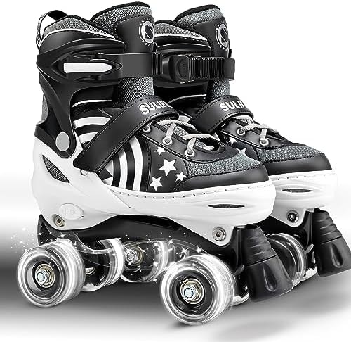 SULIFEEL Rainbow Unicorn 4 Size Adjustable Light up Roller Skates for Girls Boys for Kids (E Black, Small - Little Kid)
