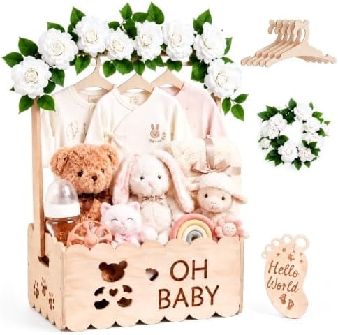 efluky Wooden Baby Shower Crate Closet, Newborn Gift Basket with Handle