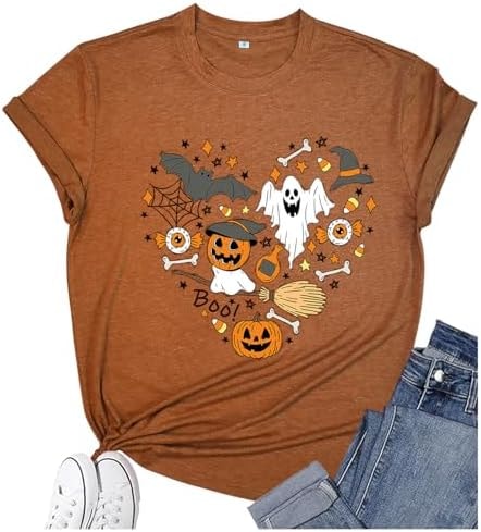 Women's Halloween Shirt: Love Art Patterns Halloween Party T-Shirt Crewneck Short Sleeve