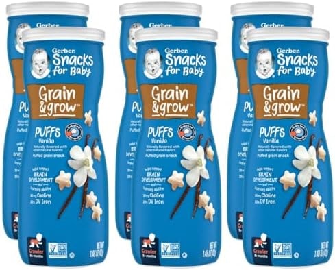 Gerber Stage 3 Baby Snacks, Vanilla Puffs, Puffed Grain Snack, Baby Led Feeding, Iron & Choline, Vanilla Puffs Snacks for Babies, 6-Pack