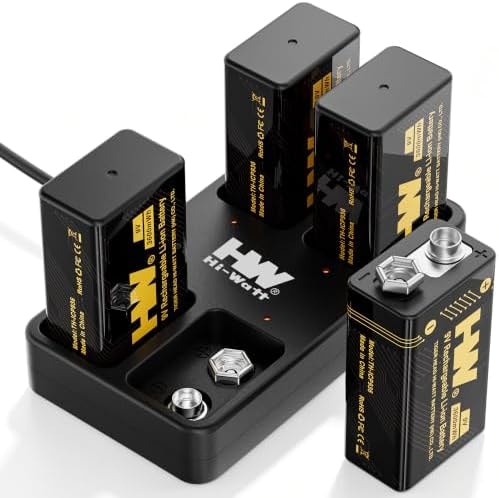 HW 9V Rechargeable Batteries 4 Pack, 3600mWh with 4-Slot Charger