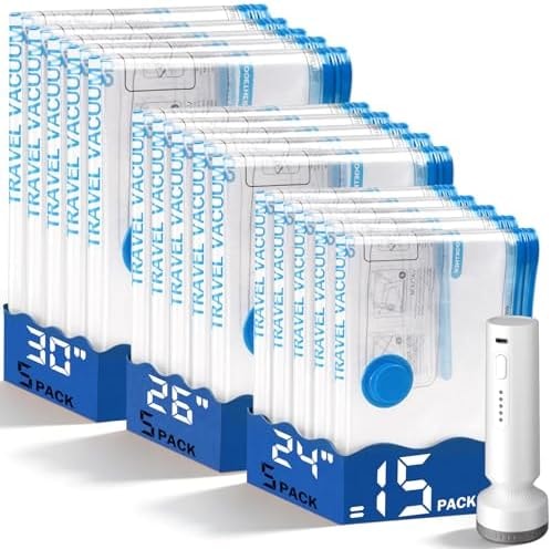 15 Pack Vacuum Storage Bags for Travel with Rechargeable Cordless Pump, Space Saver Bags for Clothes, Compression Packing Bags for Luggage and Suitcase,Blue