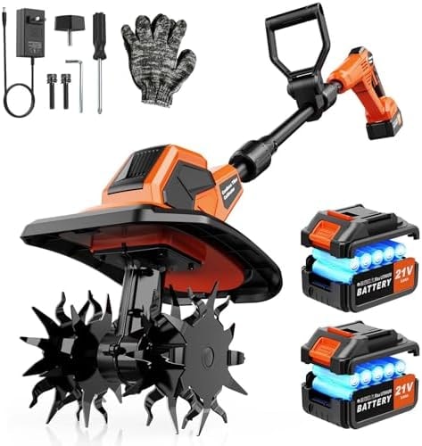 400RPM Brushless Cordlees Tiller Cultivator for Gardening, 20V Electric Garden Tiller Battery Powered((2 * 3.0Ah Battery&Charger), 9.5" Width 7" Depth, Garden Rototiller for Yard/Lawn/Soil Tiller