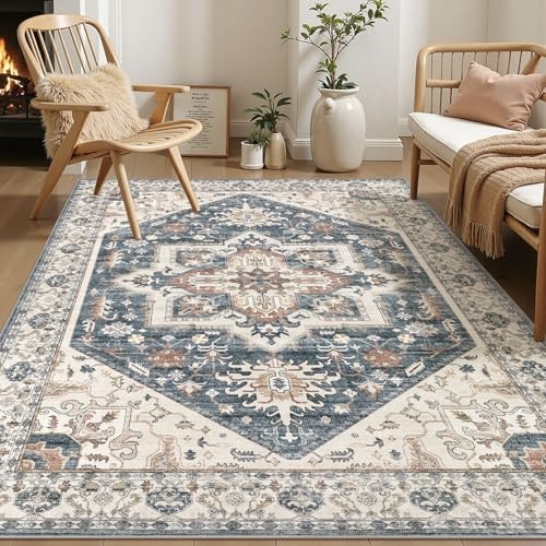 Area Rug for Living Room - 5x7 Washable Oriental Vintage Floral Distressed Large Soft Carpet - Fade Stain Resistant Non Slip Rugs for Bedroom Dining Room Nursery Dorm Office Home Decor - Vintage Blue