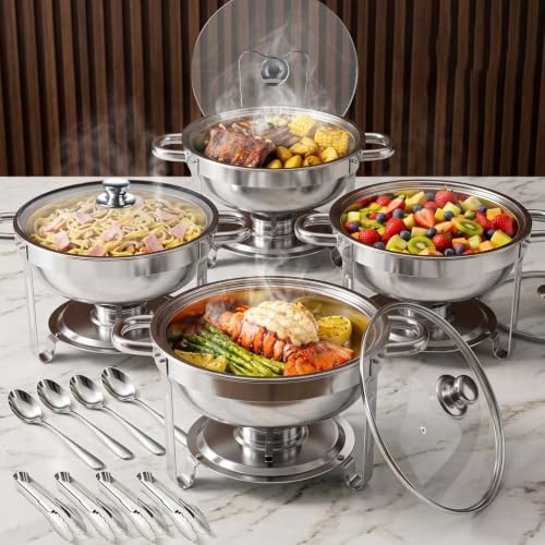 Chafing Dishes for Buffet, 4 Pack 6QT Stainless Steel Round Buffet Servers and Warmers, Buffet Warmer Set with 4 Serving Tongs & Spoons, Food Warmers for Parties, Weddings, Catering Events