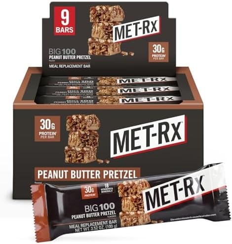 MET-Rx Big 100 Protein Bars, Peanut Butter Pretzel, 30g Protein, 9 Ct