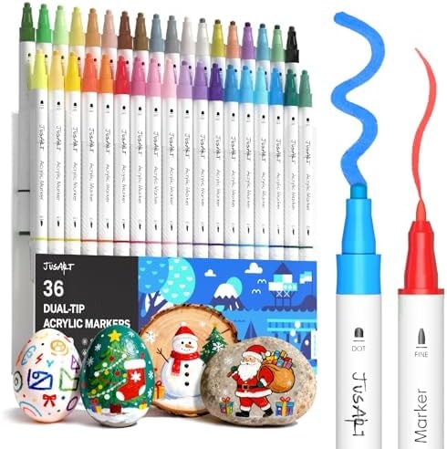 JusArt 36 Colors Acrylic Paint Markers, Dual Tip Coloring Markers with Dot and Fine Tip for Rock, Fabric, Wood, Glass, Ceramic, Canvas, Vibrant Art Supplies and DIY Crafts Art Supplies