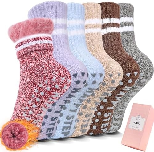 HUGSWEET Kids Thermal Slipper Socks Warm Fuzzy Socks for Boys Girls 6 Pairs