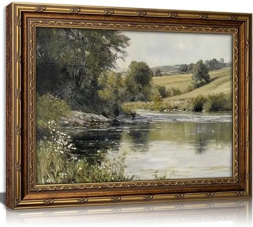 Vintage Gold Framed Wall Art Retro Rustic Farmhouse Green Nature Landscape Painting Picture Canvas Fall Forest Antique River Rural Wildflower Lakes Scenery Picture Poster for Living Room Home