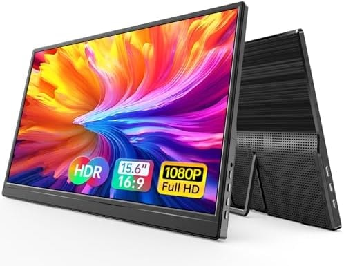 WGK 15.6 inch Portable Monitor 1080P FHD Travel Display HDMI/USB-C Compatible with Laptops, Desktops, Phones, PS, Mac, Xbox, Switch, and Other Gaming Devices Includes Stand and Speakers VESA