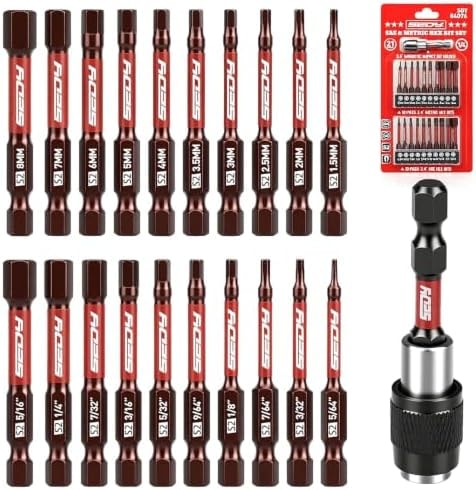21-Piece 2.5" Hex Head Allen Wrench Drill Bit Set, 1/4" Hex Screwdriver Bits Set with Durable Magnetic Impact Bit Holder, SAE & Metric Allen Key, S2 Steel, Mechanic Home Repair