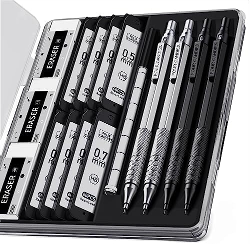4PCS Metal Mechanical Pencil Set, 0.5mm+0.7mm, Storage Case, Black＆Silver