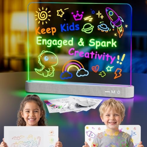 LED Drawing Board for Kids, 16'' Rechargeable LED Note Board with 12 Light Effects, Detachable Acrylic Panel, Birthday Gifts for Girls & Boys Ages 5 6 7 8 9 10-12 (Off-White)