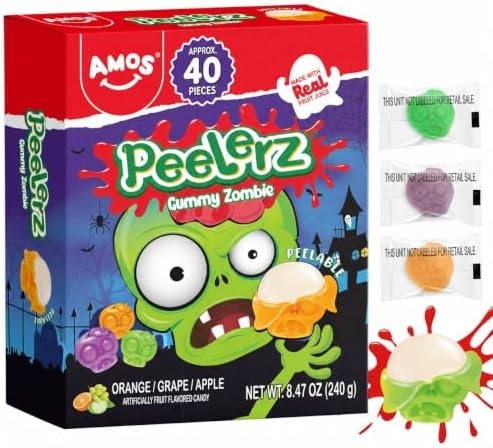 AMOS Peelerz Peelable Gummy Zombie Candy, Approx 40 Pieces, Halloween Novelty Fruit Gummies with Real Fruit Juice, Orange Grape Apple Flavor 3D Zombie Skull Chewy Treats for Trick or Treat Party Favors
