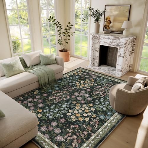 Machine Washable Living Room Rug: 6x9 Area Rugs for Bedroom Vintage Stain Resistant Non Slip Low Pile Lightweight Soft Carpet for Kitchen Dining Room Farmhouse Kids Room Nursery Indoor