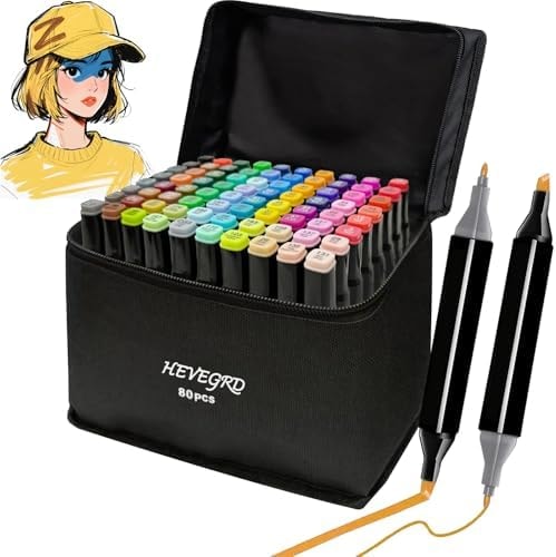 HEVEGRD 80 Colors Alcohol Markers Set, Dual Tips Blender Art Marker for Drawing Permanent Sketch Marker for adult coloring, Illustrations Alcohol Based Markers, Artist Pens