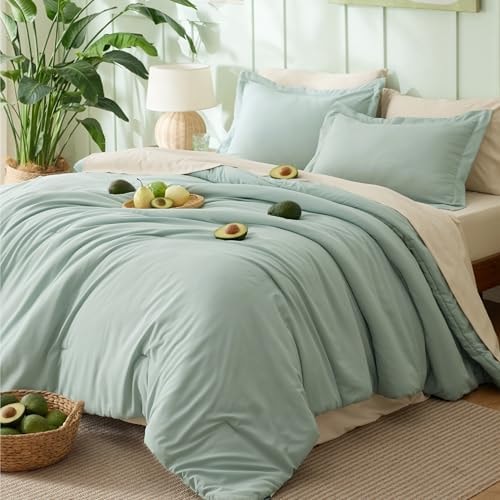 Bedsure Queen Bed in a Bag, Sage Green Comforter Set Contrasting 7 Pieces