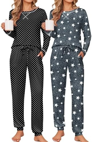 Ekouaer 2 Pack Pajama Sets for Women Long Sleeves Lounge Set Jogger Pants