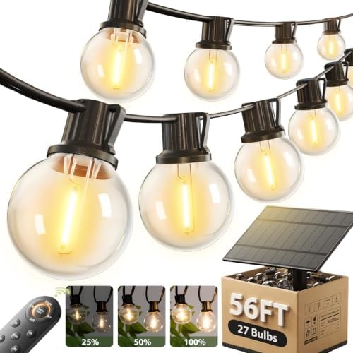 addlon 56FT(50+6) Solar String Lights Outdoor with Remote, 27 LED G40 Bulbs