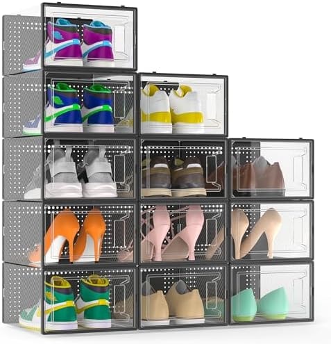 12 Pack X-Large Stackable Clear Plastic Shoe Storage Boxes Organizer, Black