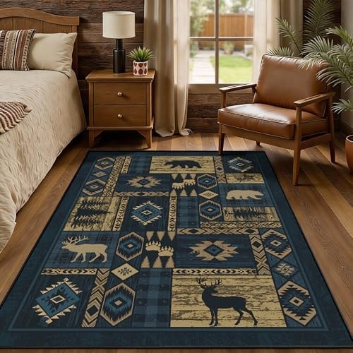 Rustic Cabin 3x5 Entryway Rug - Washable Upgrade Non-Slip Animal Bear Deer Wildlife Print Pattern Area Rugs Low Pile Ultra-Thin Lodge Hunting Carpet for Living Room, Dining Room, Bedroom, Denim Blue