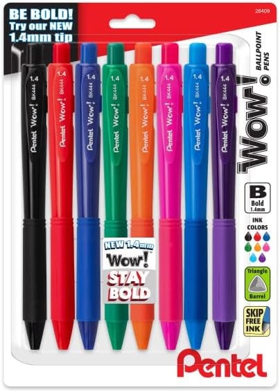 Pentel Wow! Retractable Ballpoint Pen, (1.4mm) Bold Line, Assorted Ink Colors, 8 Pack (BK444BP8M)